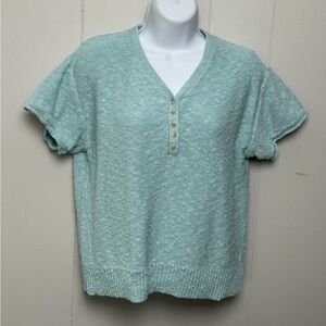 L.L. Bean Light Green 100% Cotton Short Sleeve Knit 1/4 Zip V Neck Top Size M